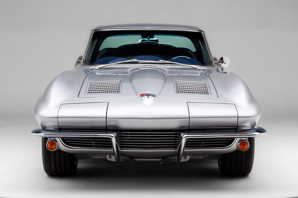 Front view of a 1963 Split-Window Corvette custom coupe restomod in Silver Pearl built by Verrillo Motor Car Co.