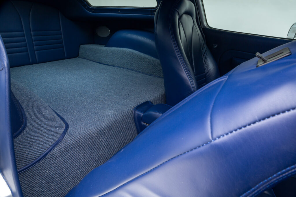 Closeup of the blue rear interior in a 1963 Split-Window Corvette custom coupe restomod built by Verrillo Motor Car Co.