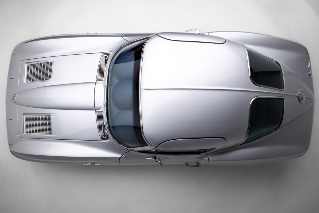 Top view of a 1963 Split-Window Corvette custom coupe restomod in Silver Pearl built by Verrillo Motor Car Co.