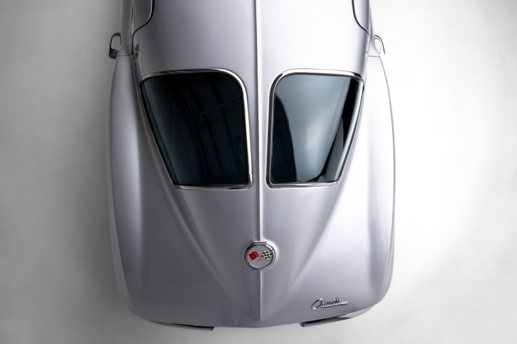 Top view of the rear windows of a 1963 Split-Window Corvette custom coupe restomod in Silver Pearl built by Verrillo Motor Car Co.