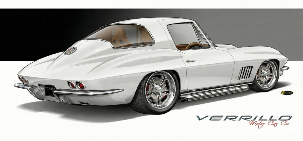 Rear view rendering of a 1967 Chevrolet Corvette Coupe Restomod in Ermine white currently being built by Verrillo Motor Car Co.