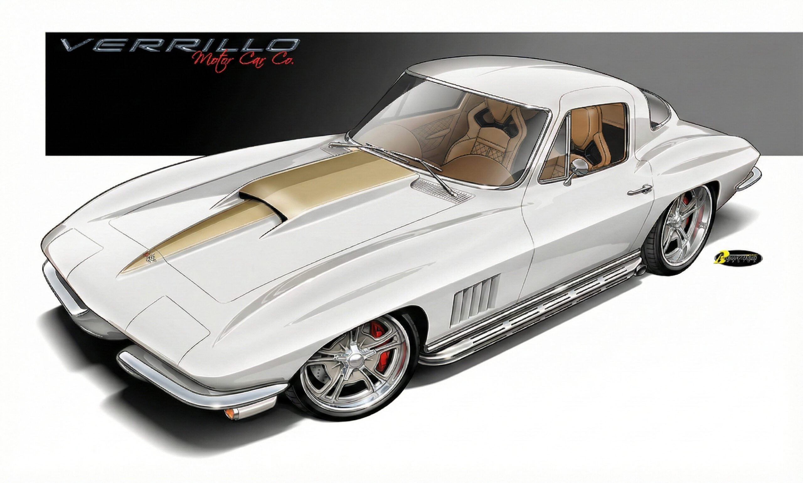Front top rendering of a 1967 Chevrolet Corvette Coupe Restomod in Ermine white with a gold stinger currently being built by Verrillo Motor Car Co.